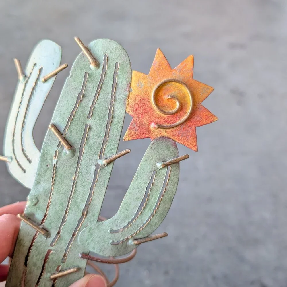 Green Cactus and Yellow Sun Metal Candle Holder Southwest Home Decor